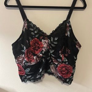 Black Lace Red Roses Unlined Lace Crop Bralette - Like NEW!